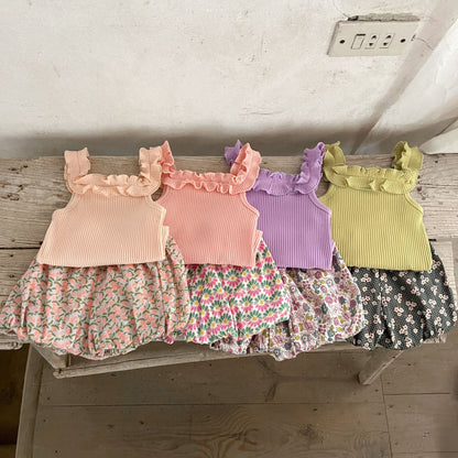 Summer Hot Selling Baby Girls Sleeveless Solid Color Strap Top And Floral Shorts Clothing Set