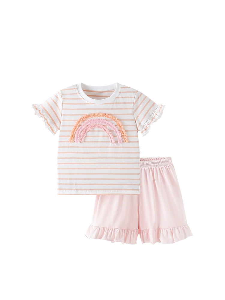 Summer Baby Kids Rainbow Pattern Striped T-shirt and Pink Shorts Clothing Set for Girls, MyKids-USA®, Baby & Toddler Outfits, MyKids-USA -  -  -  -  -  -  - 