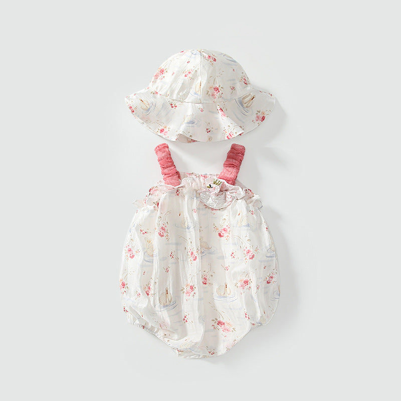 Summer Arrival Sleeveless Flowers and Animals Pattern Strap Onesies with Hat for Stylish Girls, MyKids-USA®, Baby One-Pieces, MyKids-USA - Size/Age - 66 (3-6M) - Color - Pink -  -  - TR2505011746-A