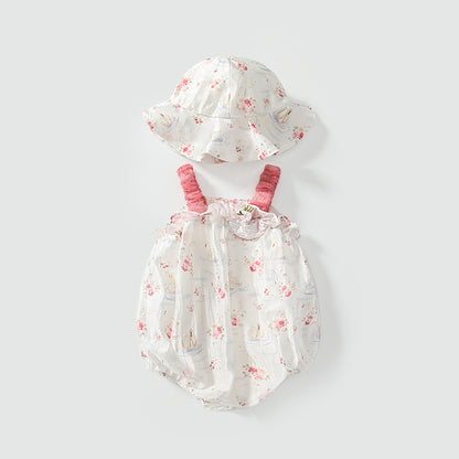 Summer Arrival Sleeveless Flowers and Animals Pattern Strap Onesies with Hat for Stylish Girls, MyKids-USA®, Baby One-Pieces, MyKids-USA - Size/Age - 66 (3-6M) - Color - Pink -  -  - TR2505011746-A