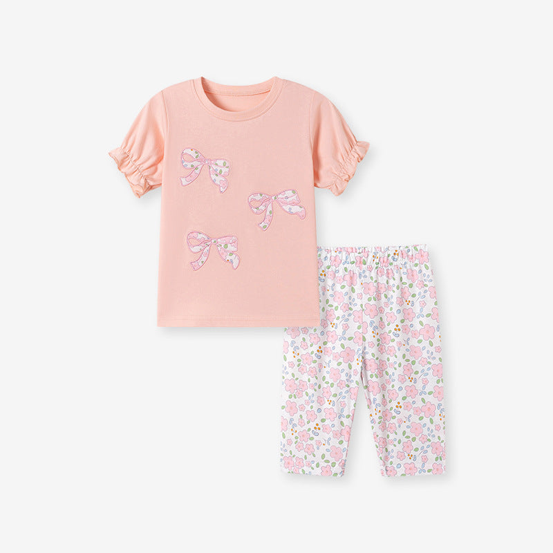 Summer Hot Selling Baby Kids Girls Short Sleeves Butterfly-Bows Pattern T-shirt and Floral Pants Clothing Set
