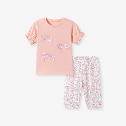 Summer Hot Selling Baby Kids Girls Short Sleeves Butterfly-Bows Pattern T-shirt and Floral Pants Clothing Set