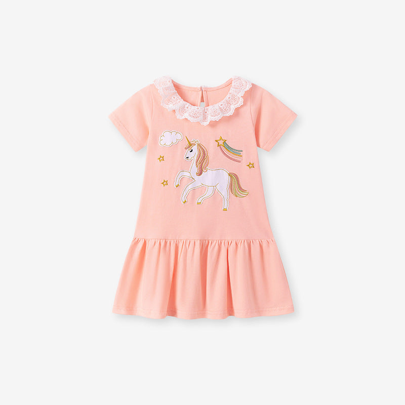 Summer Arrival Cartoon and Star Pattern Short Sleeves Dress for Stylish Girls