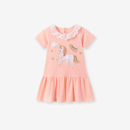 Summer Arrival Cartoon and Star Pattern Short Sleeves Dress for Stylish Girls