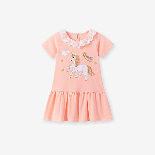 Summer Arrival Cartoon and Star Pattern Short Sleeves Dress for Stylish Girls