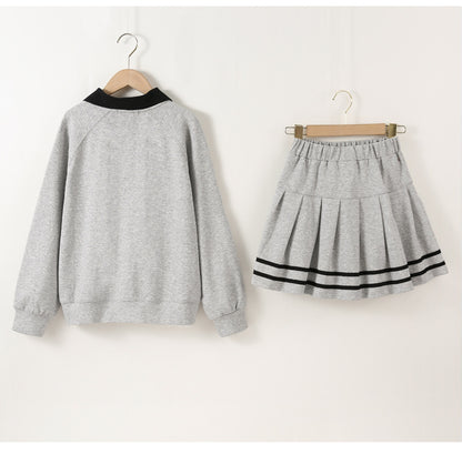 Arrival Autumn Kids Girls Long Sleeves Butterfly-bows Pattern Sweatshirt and Striped Skirt Sets