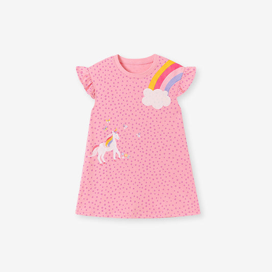 Summer Arrival Floral and Cartoon Pattern Fly Sleeves Dress for Stylish Girls, MyKids-USA®, Baby & Toddler Dresses, MyKids-USA - Size/Age - 90 (12-24M) - Color - Pink -  -  - TR2601011329-A.