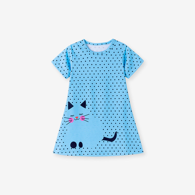 Summer Arrival Cartoon Cat and Dots Pattern Short Sleeves Dress for Stylish Girls, MyKids-USA®, Baby & Toddler Dresses, MyKids-USA - Size/Age - 90 (12-24M) - Color - Blue -  -  - TR2504271630-A