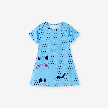 Summer Arrival Cartoon Cat and Dots Pattern Short Sleeves Dress for Stylish Girls, MyKids-USA®, Baby & Toddler Dresses, MyKids-USA - Size/Age - 90 (12-24M) - Color - Blue -  -  - TR2504271630-A