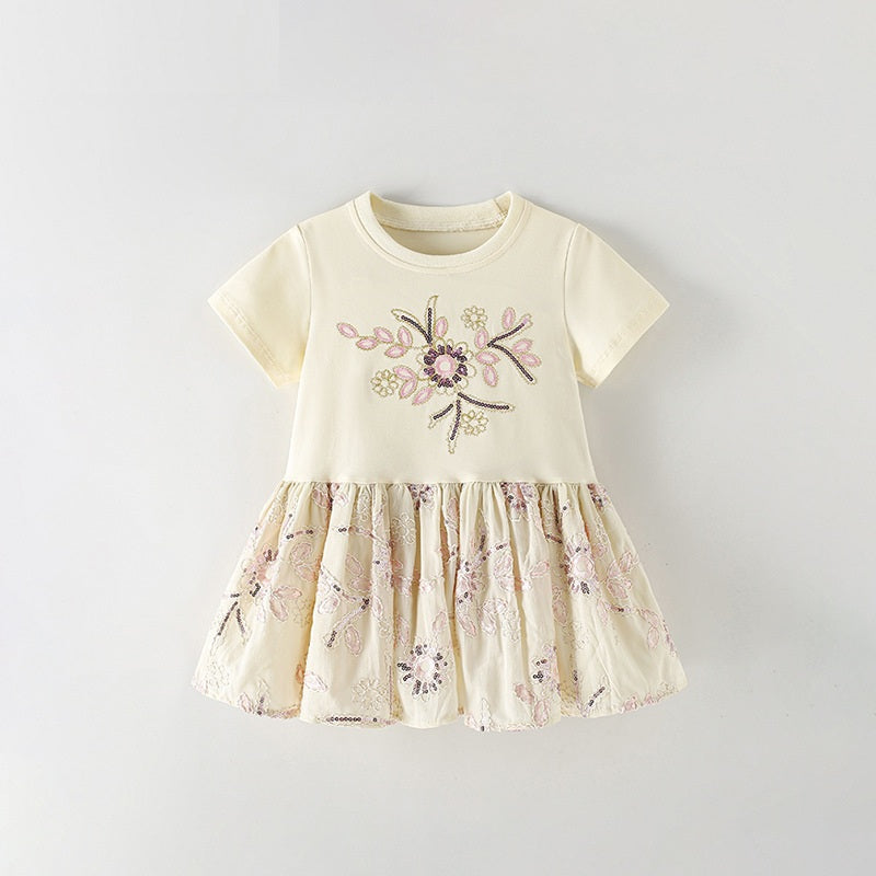 Summer Baby Kids Girls Short Sleeves Sequins Flowers Pattern Dress
