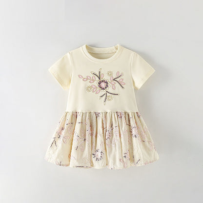Summer Baby Kids Girls Short Sleeves Sequins Flowers Pattern Dress