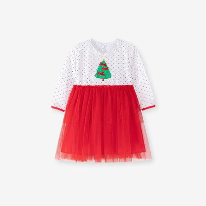 Autumn and Spring Arrival Christmas Tree Pattern Long Sleeves Tulle Decorated Dress for Stylish Girls, MyKids-USA®, Baby & Toddler Dresses, MyKids-USA - Size/Age - 90 (12-24M) - Color - Red -  -  - TR2508042309-A