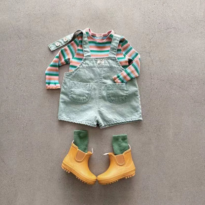 Spring Baby Kids Unisex Solid Color Denim Overalls And Cartoon/Striped Long Sleeves Top Set