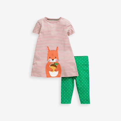 Summer Baby Kids Girls Squirrel Pattern Striped Dress And White Dots Pants Clothing Set
