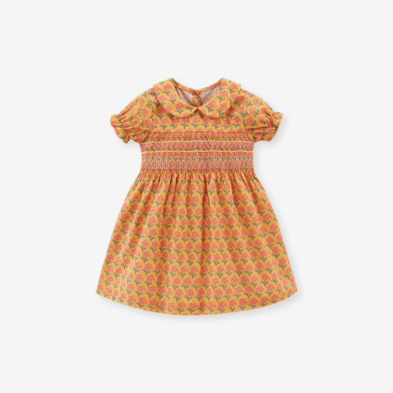 Baby Girls Peter Pan Collar Short Sleeves Floral Vintage Dress
