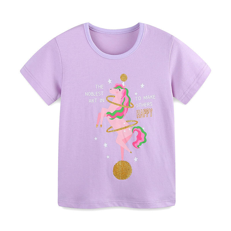 Summer Girls’ Unicorn Cartoon and Letters Pattern T-shirt in European and American Style, MyKids-USA®, Baby & Toddler Tops, MyKids-USA - Size/Age - 90 (12-24M) - Color - Purple -  -  - TR2506121655-A