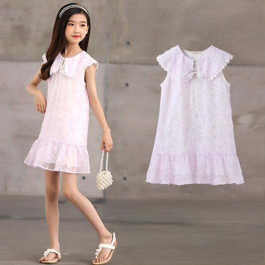 New Design Summer Kids Girls French Style Purple Fashion Lace Trim Collar Dress