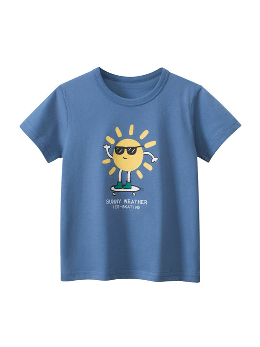 Boys’ Sun Cartoon Print Beige T-Shirt In European And American Style
