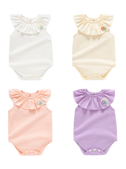 Summer Hot Selling Cheap Baby Kids Girls Sleeveless Flower And Heart Embroidery Ruffle Collar Solid Color Onesies, MyKids-USA®, Baby One-Pieces, MyKids-USA -  -  -  -  -  -  - 