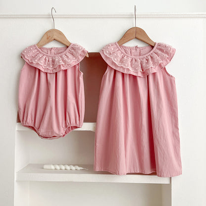 Summer Girls Solid Color Sleeveless Big Collar Onesies And Girls’ Dress – Princess Sister Matching Set