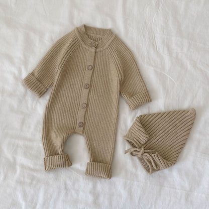 Autumn and Winter Arrival Baby Unisex Long Sleeves Solid Color Knitted Rompers with Hat, MyKids-USA®, Baby One-Pieces, MyKids-USA - Size/Age - 66 (3-6M) - Color - Khaki -  -  - TR2512112243-C.