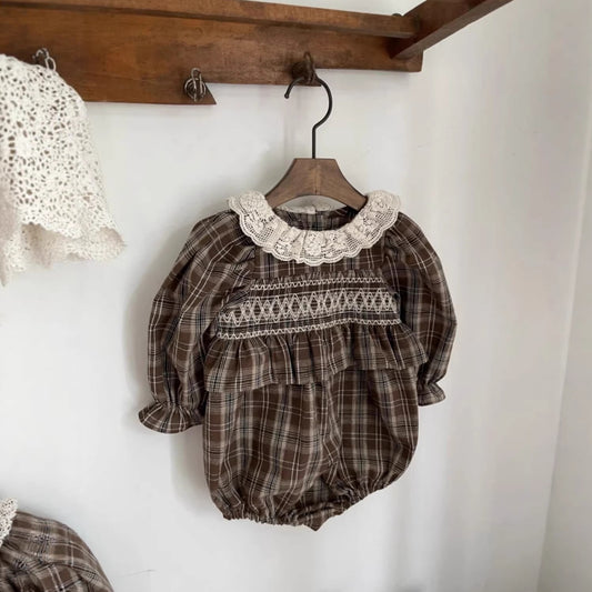 Autumn Arrival Baby Girls Long Sleeves Lace Trim Collar Plaid Bodysuit