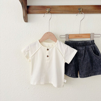 Summer Baby Kids Casual Solid Color Short Sleeves Top with Denim Shorts Clothing Set for, MyKids-USA®, Baby & Toddler Outfits, MyKids-USA -  -  -  -  -  -  - 