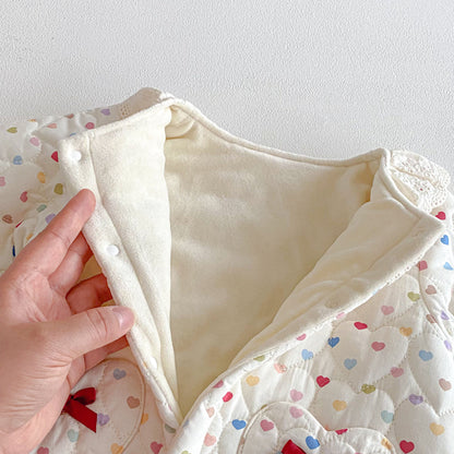 Winter Arrival Baby Girls Long Sleeves Hearts Pattern Fleece-Lined Rompers