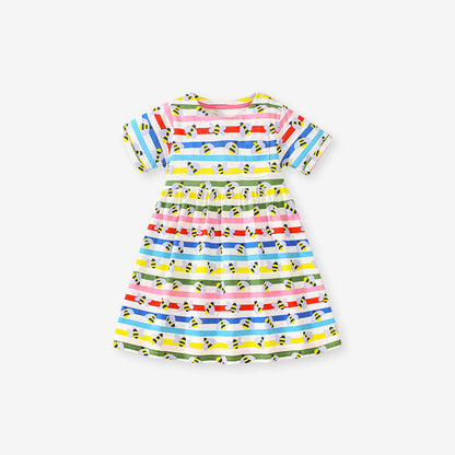 Baby Girls Rainbow Striped Short Sleeves Bees Pattern Dress