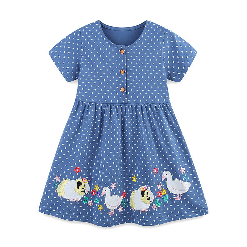 Summer Pure Cotton Dots and Animals Pattern Short Sleeves Dress for Stylish Girls, MyKids-USA®, Baby & Toddler Dresses, MyKids-USA - Size/Age - 90 (12-24M) - Color - Blue -  -  - TR2505172307-A