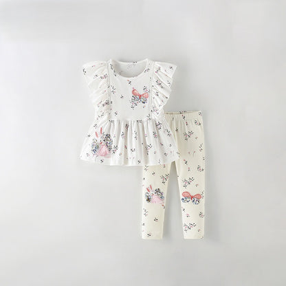 Arrival Summer Baby Kids Girls Fly Sleeves Cartoon Pattern Top and Floral Pants Clothing Set