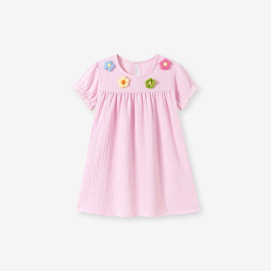 Summer Arrival Flowers Pattern Short Sleeves Striped Dress for Stylish Girls