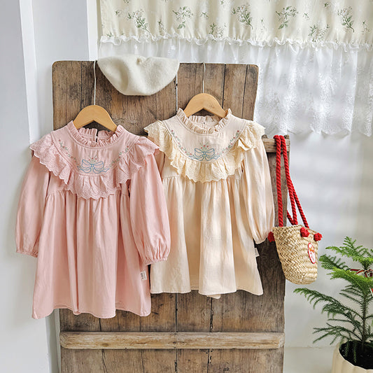 Design Autumn Girls Flowers and Bows Embroidery Ruffle Neck Long Sleeves French Style Dress, MyKids-USA®, Baby & Toddler Dresses, MyKids-USA -  -  -  -  -  -  - 
