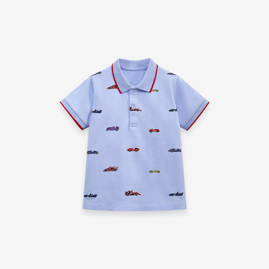 Baby Kids Boys Blue Racing Car Print Short Sleeves Polo Shirt