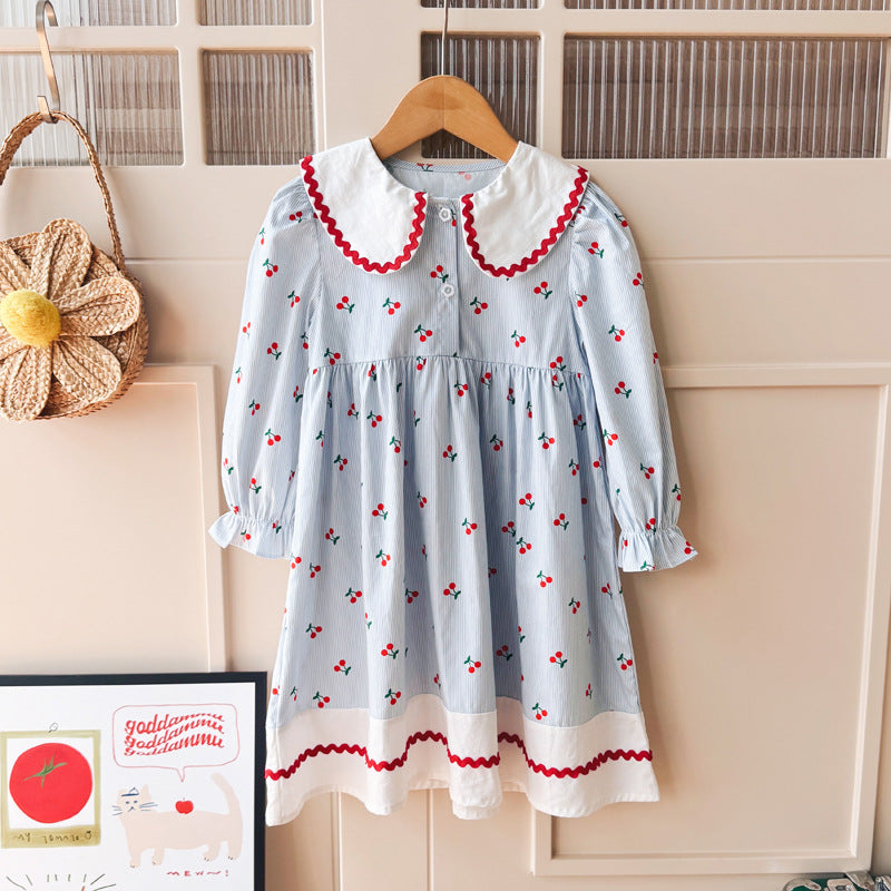 Autumn Arrival Baby Kids Girls Cherry Pattern Long Sleeves Dress with Collar, MyKids-USA®, Baby & Toddler Dresses, MyKids-USA - Size/Age - 90 (12-24M) - Color - Light Blue -  -  - TR2509122340-A