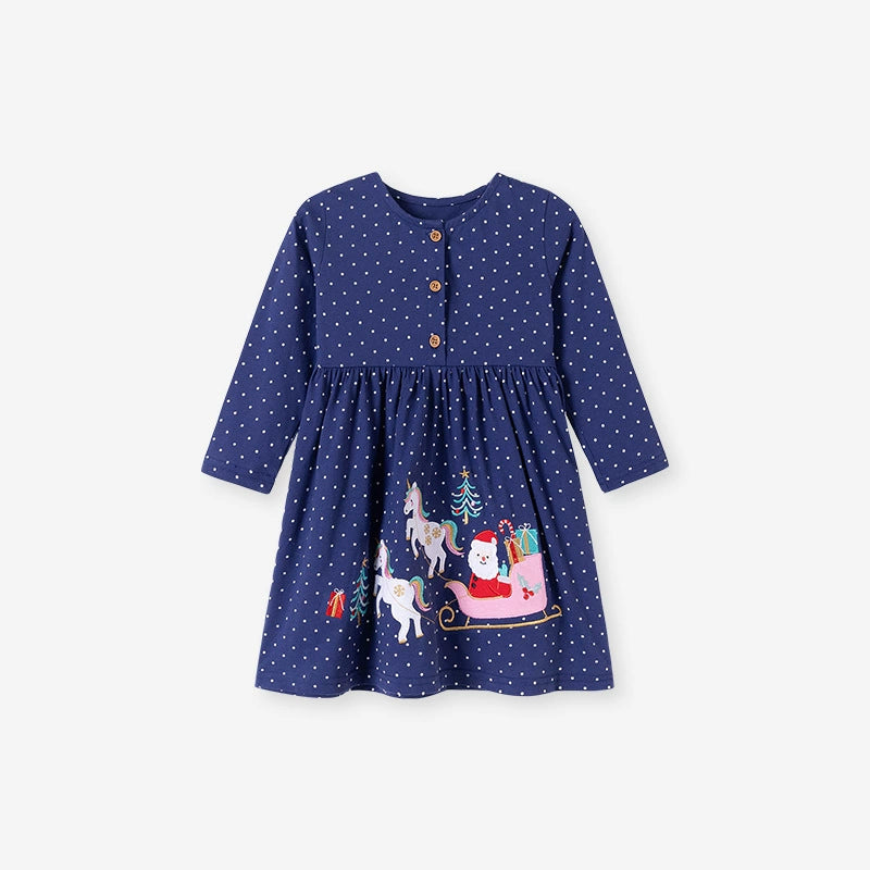 Autumn and Spring Arrival Christmas Cartoon and Dots Pattern Long Sleeves Crew Neck Dress for Stylish Girls, MyKids-USA®, Baby & Toddler Dresses, MyKids-USA - Size/Age - 90 (12-24M) - Color - Navy Blue (Dark Blue) -  -  - TR2507171957-A