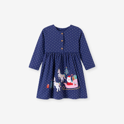 Autumn and Spring Arrival Christmas Cartoon and Dots Pattern Long Sleeves Crew Neck Dress for Stylish Girls, MyKids-USA®, Baby & Toddler Dresses, MyKids-USA - Size/Age - 90 (12-24M) - Color - Navy Blue (Dark Blue) -  -  - TR2507171957-A