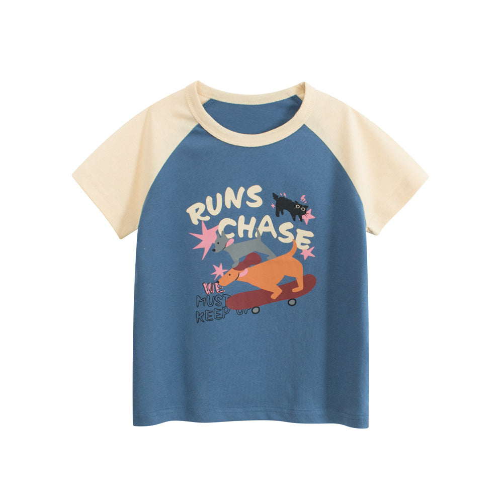Summer Girls’ Cartoon and Letters Printed T-shirt in European and American Style, MyKids-USA®, Baby & Toddler Tops, MyKids-USA - Size/Age - 90 (12-24M) - Color - Blue -  -  - TR2504262036-A