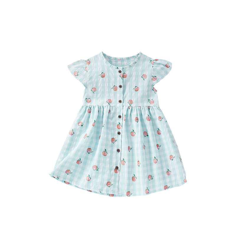 Summer Arrival Fruits Pattern Fly Sleeves Single Breasted Plaid Dress for Stylish Girls, MyKids-USA®, Baby & Toddler Dresses, MyKids-USA - Size/Age - 100 (2-3Y) - Color - Blue -  -  - TR2505052253-A