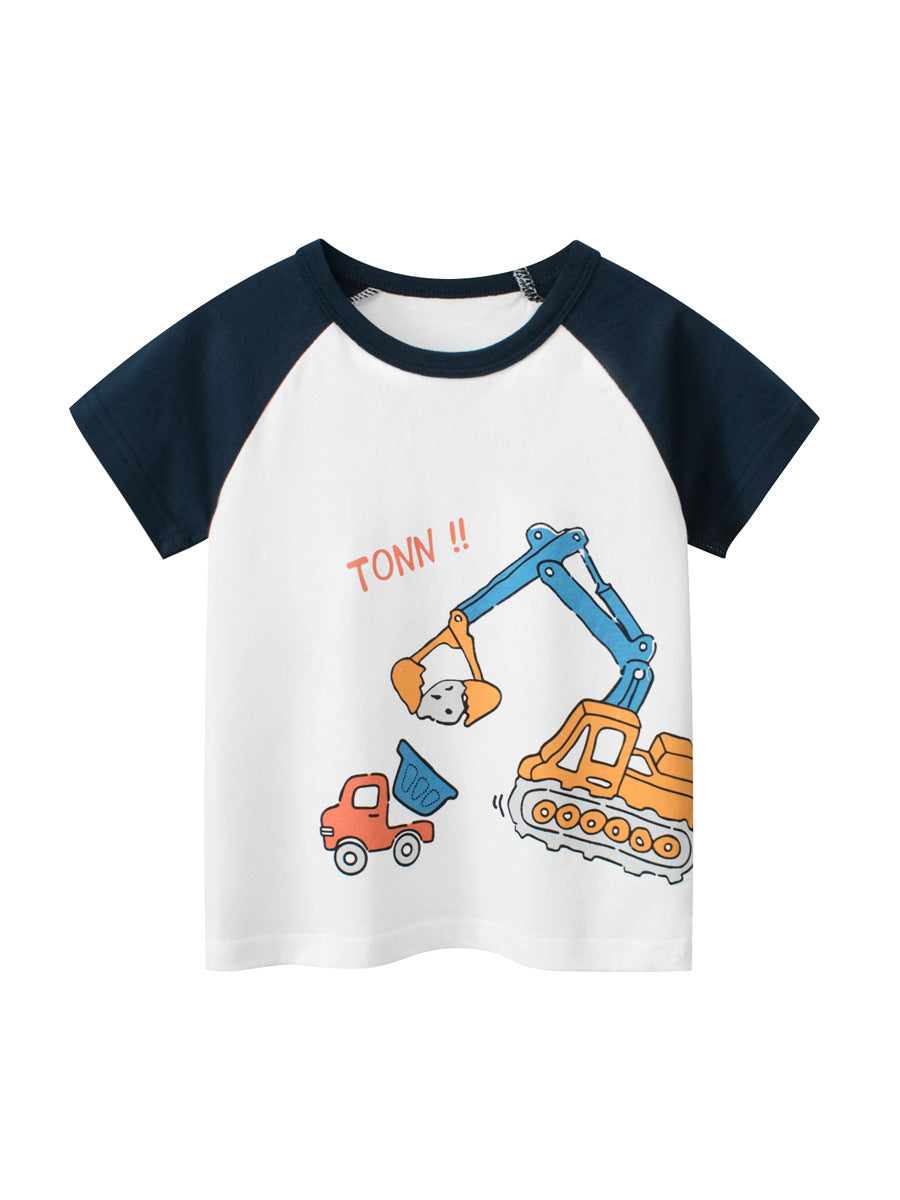Boys’ Cartoon Excavator And Truck Print T-Shirt In European And American Style, MyKids-USA®, Baby & Toddler Tops, MyKids-USA - Size/Age - 90 (12-24M) - Color - White -  -  - TR2407210814-A