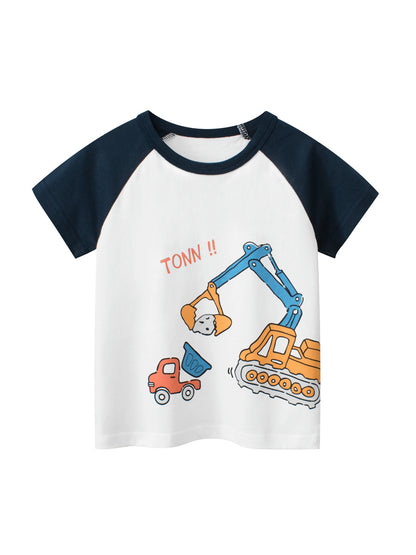 Boys’ Cartoon Excavator And Truck Print T-Shirt In European And American Style, MyKids-USA®, Baby & Toddler Tops, MyKids-USA - Size/Age - 90 (12-24M) - Color - White -  -  - TR2407210814-A