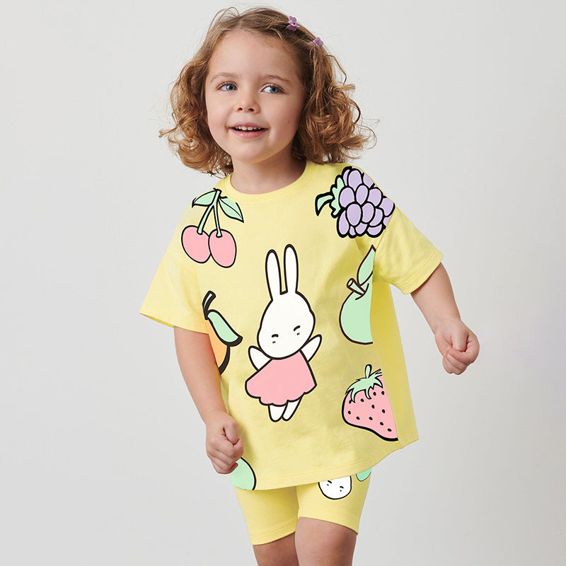 Baby Kids Girls Fruits And Animal Cartoon Print Top And Shorts Casual Clothing Set