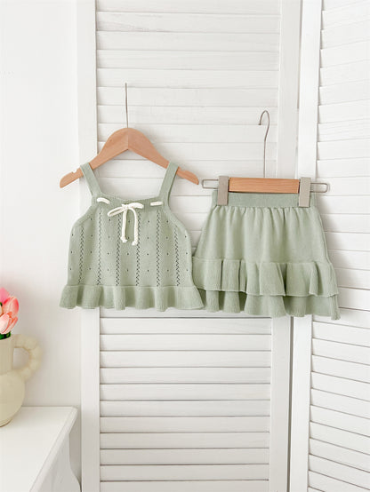 Summer Baby Kids Solid Color and Striped Hollow-out Pattern Sleeveless Top Vest with Skirt Clothing Set for Girls, MyKids-USA®, Baby & Toddler Outfits, MyKids-USA - Size/Age - 80 (9-12M) - Color - Green -  -  - TR2504260039-B
