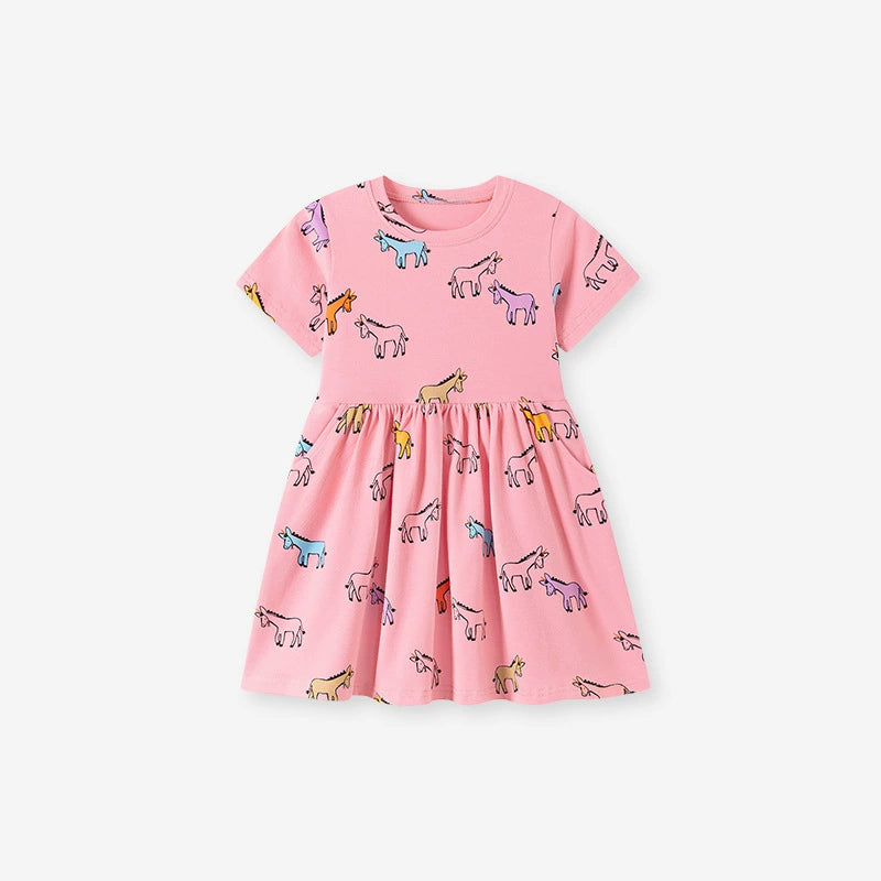 Summer Arrival Animals Cartoon Pattern Short Sleeves Crew Neck Dress for Stylish Girls, MyKids-USA®, Baby & Children's Dresses, MyKids-USA - Size/Age - 90 (12-24M) - Color - Pink -  -  - TR2605022151-A.