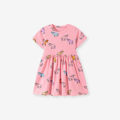 Summer Arrival Animals Cartoon Pattern Short Sleeves Crew Neck Dress for Stylish Girls, MyKids-USA®, Baby & Children's Dresses, MyKids-USA - Size/Age - 90 (12-24M) - Color - Pink -  -  - TR2605022151-A.