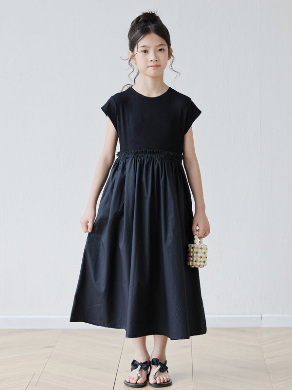 Summer Arrival Short Sleeves Patchwork Design Black Dress for Stylish Girls