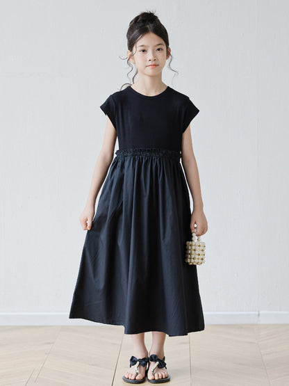 Summer Arrival Short Sleeves Patchwork Design Black Dress for Stylish Girls