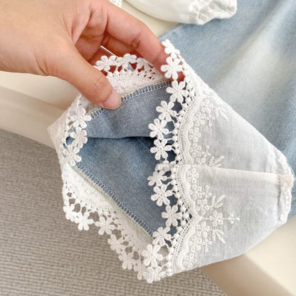 Spring and Autumn Kids Girls Flowers Embroidered Pattern Long Sleeves Hollow-out Top and Denim Pants Clothing Set, MyKids-USA®, Baby & Toddler Outfits, MyKids-USA -  -  -  -  -  -  - 