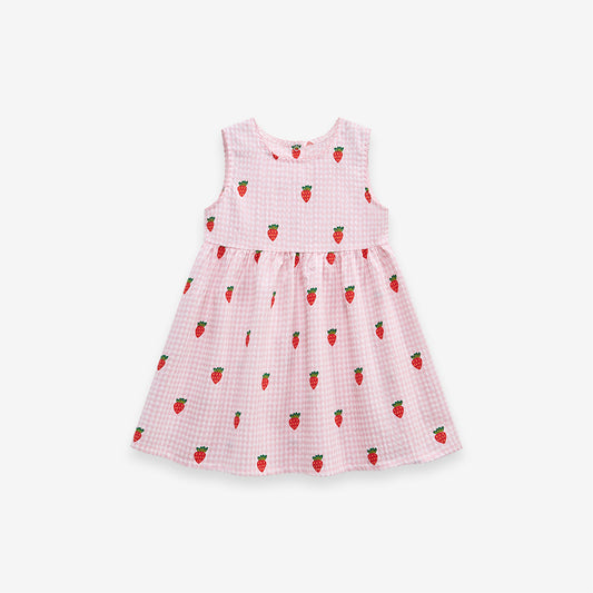 Summer Girls Sleeveless Carrots Print Pattern Plaid Dress