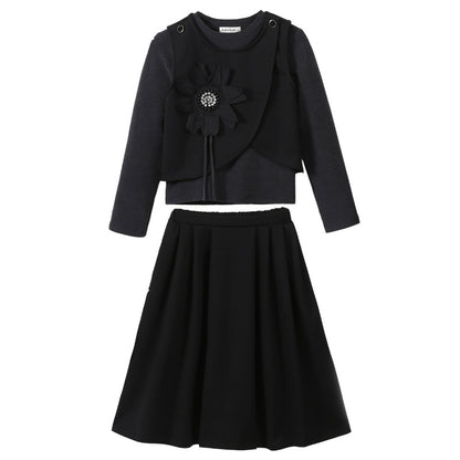 Arrival Autumn Kids Girls Grey Top, Black Sleeveless Vest and Skirt Clothing Set